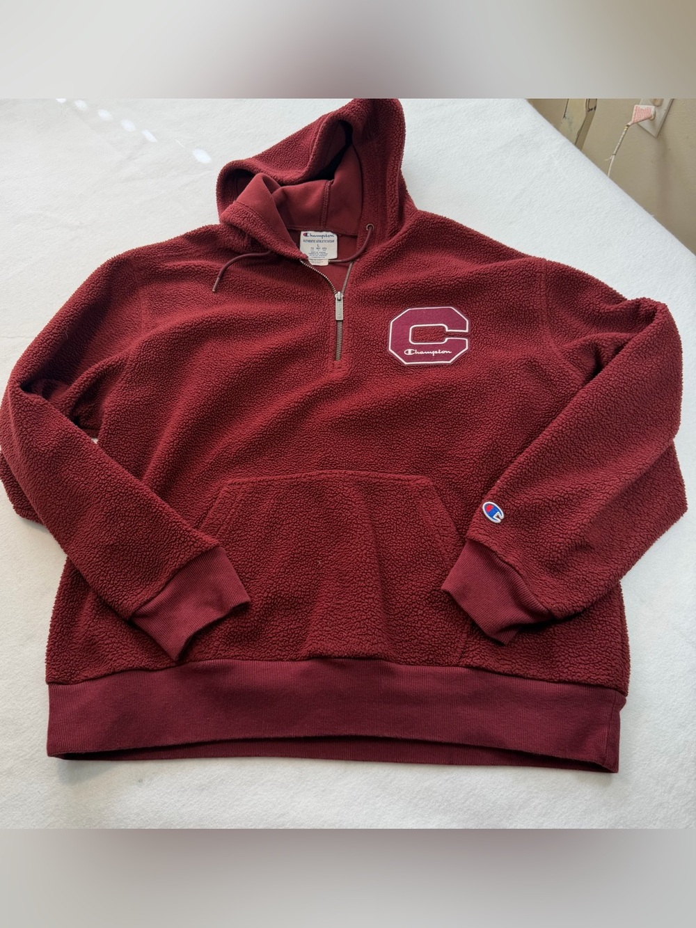 Champion Heritage Sherpa Teddy Fleece Quarter Zip Hoodie Burgundy L